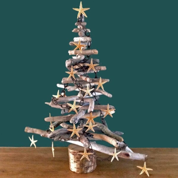 Driftwood Christmas tree, sustainable Christmas tree, eco-friendly Christmas ideas, starfish decorations